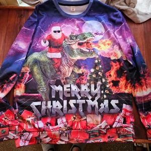 Meme Christmas Winter Low Res Santa Dinosaur Polar Holiday Sweater XXL
